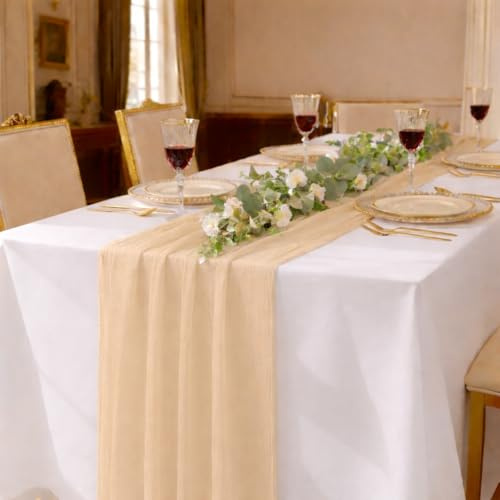 DecoHomeTextil Musselin Tischläufer 80 x 300 cm Champagner (Single Pack) Weicher Gaze Stoff mit Faltenoptik für Hochzeit, Geburtstag, Party & stilvolle Tischdekoration Boho