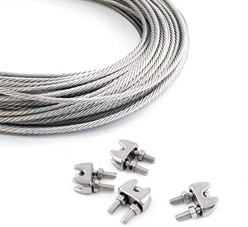 CONJUNTO 50m cable 5mm acero inoxidable cordaje hebra: 7x7 + 4 abrazaderas