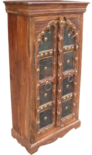 Schrank, Kleiderschrank, Massivholz, Kolonialstil, handgefertigt, Modell 8 | Handgearbeiteter Schrank aus gewachstem Akazienholz, mit Schnitzereien, stilvolle Akzente, langlebige Qualität.