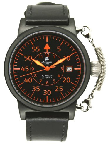 Aeromatic 1912 Herren Automatik Fliegeruhr Lederarmband Schwarz Retrolook A1332 Spezial Federkronenschutz