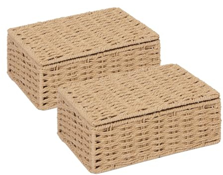 ARPAN 2 x Paper Rope Storage Hamper Basket With Lid - Ideal For Home/Office & Gifts Hamper (Natural - Small),white