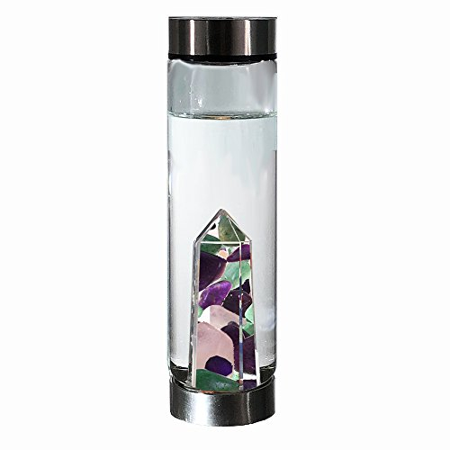 bewater Reusable gem Glass Water Bottle with a Chamber of Sparkling Rose Quartz, Amethyst and Aventurine Quartz Gemstones | Lead Free Borosilicate Glass | 500ml with a Wide Open Neck. (belove Glow)
