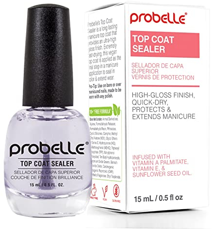 Probelle Top Coat Sealer, Quick Dry Nail Polish Top Coat, High Shine Glossy Nail Finish, Instantly Forms Clear Barrier For Enamel Protection, Fast Dry Manicure, Long Lasting Results, 0.5 fl oz/ 15 mL
