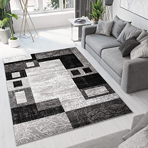 TAPISO Dream Teppich Modern Wohnzimmer Kurzflor Grau Creme Schwarz Vierecke Geometrische Figuren Meliert Schlafzimmer Küche ÖKOTEX 250 x 300 cm