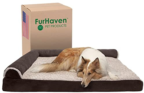 FurHaven Cooling Gel Dog Bed for Large Dogs w/Removable Bolsters & Washable Cover, For Dogs Up to 125 lbs - Two-Tone Plush Faux Fur & Suede L Shaped Chaise - Espresso, Jumbo Plus/XXL
