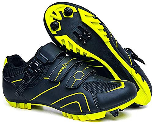 tangjiu Bicicleta de Montaña con Tacos, Zapatillas de Ciclismo de Carretera de Fibra de Carbono Transpirables, Zapatillas Deportivas Antideslizantes con Tiras Reflectantes (Amarillo,41)