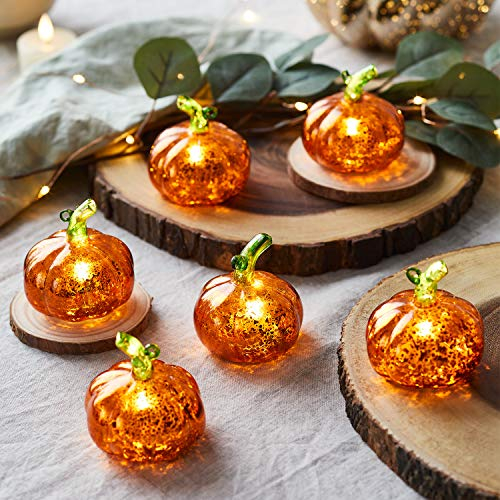 Lights4fun 6er Set LED Glas Kürbis Orange mini Kürbis mit Timer batteriebetrieben Halloween Deko Kürbis Herbstdeko Innen Kürbis Herbst Orange Herbstdeko Glas Deko