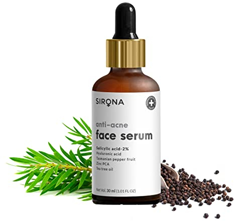 Sirona 2% Salicylic Acid Face Serum for Acne & Blackheads & Open Pores - 30 ml | Reduces Excess Oil & Bumpy Texture | with Tee Tree Oil, Hyaluronic Acid and Vitamin E