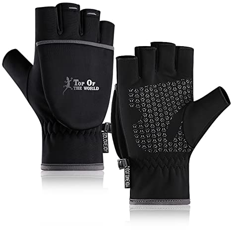 HITNEXT Fahrradhandschuhe Schwarz, Winter Cabrio-Handschuhe Motorrad Angelhandschuhe, Convertible Flip Fingerlose Handschuhe Touchscreen Radfahren Fotografie Handschuhe für Herren Damen