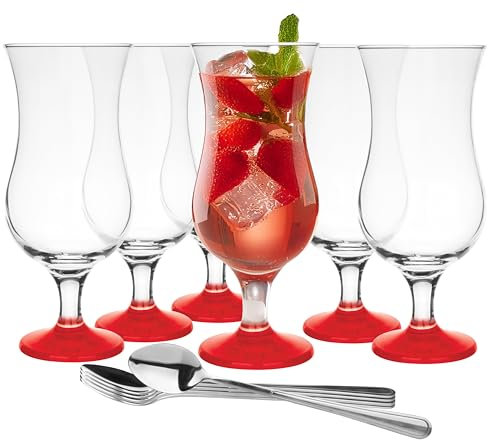Glasmark KROSNO 1992 Lot De 6 Verres À Cocktail Verres À Eau Jus Soda En Verre Transparent Avec Cuillères 420 ml Fond Coloré Rouge
