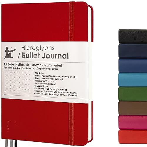 Bullet Journal - Dotted Notizbuch A5 - mit System - 189 Nummerierte Seiten, Falttasche, 3 Lesezeichen, Verschlussgummi - 100g/m² Papier - von Hieroglyphs (Zinnoberrot)