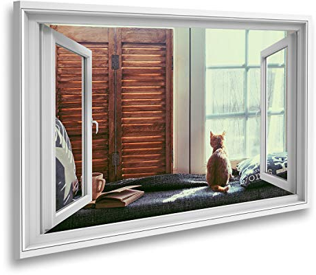 Bild auf Leinwand Fensterblick Warme und kuschelige Fensterbank mit Kissen und einem aufgeschlagenen Buch Licht durch Vintage Fensterläden Rustikaler Stil Sagenhafter Effekt Wandbild Leinwandbild XCZV