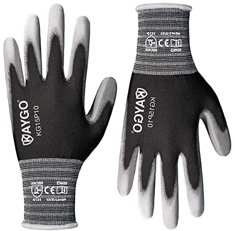 KAYGO 12 Paar Arbeitshandschuhe Dünn Tastsensibel, KG15P, Atmungsaktiv Nylon Liner mit PU Beschichtung, Guter Griff Leichte Schutzhandschuhe für Präzisionsarbeit, Montage, Lager (Schwarz, XL, Gr 10)