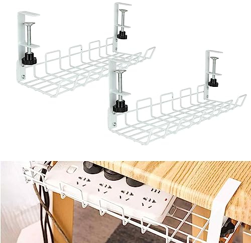 CYEER 2 Pack Cable Management Under Desk, White Cable Tidy Under Desk Cable Management, No Drill Metal Wire Cable Tray Desk Cable Tidy for Home Office Desks