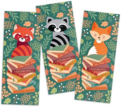12er Set Lesezeichen mit rotem Panda, Waschbär und Fuchs auf Bücherstapel