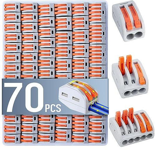 70pcs Conductor Terminal Block with Levers, Wire Connectors for 2/3/5 Circuit Inline Splices, Suit 0.08-4mm²/ 28-12AWG Solid Wire, 0.08-2.5mm²/ 28-14AWG Flexible Cable