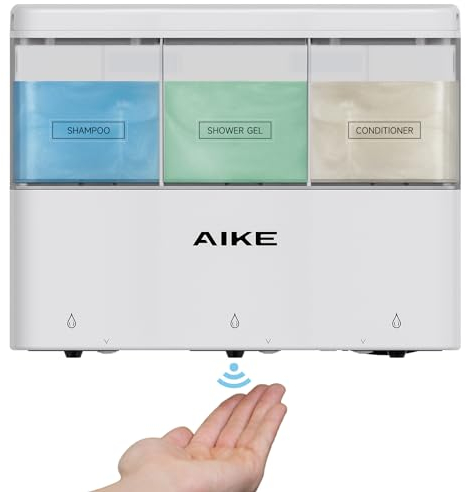 AIKE Shower Soap Dispenser for Bathroom, 3 x 320ml Automatic Soap Dispenser Wall Mounted, Three-chamber Plastic Soap Dispenser without Drilling, Suitable for Liquid Shower Gel, Shampoo and Conditioner