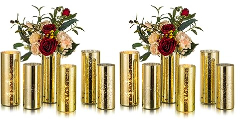 Glasseam Windlicht Glas Gross 12er Set, Kerzenständer Gold Glasvase Zylinder, Gefleckt Kerzenglas Stumpenkerzen für Hochzeit Tisch, Windlichter Vintage Kerzenhalter Weihnachten für Wohnzimmer Deko