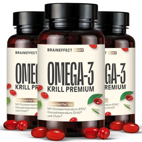 BRAINEFFECT Omega 3 Kapseln aus 100% Krillöl [3x 60 Kapseln] | Höchster Omega 3/EPA/DHA Pro Kapsel | Vanillegeschmack | Nachhaltige Fischerei