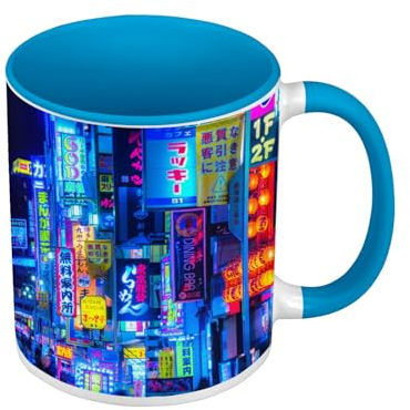 Mug de Couleur Qualité Premium Bleu - Japon Tokyo Nuit Ville Decoration Lumiere - Tasse avec anse et intérieur de couleur