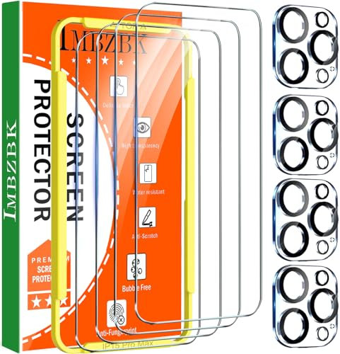 IMBZBK 4 Pack Screen Protector for iPhone 15 Pro Max Tempered Glass with 4 Pack HD Camera Lens Protector Accessories, Installation Guidance Frame, Scratch Resistant