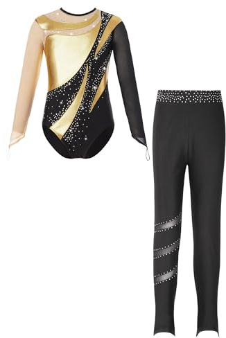 Jowowha Mädchen Turnanzug Langarm Gymnastikanzug Glitzer Eiskunstlauf Body mit Hose Trikotanzug Gymnastik Eislaufen Wettkampf Tanzkostüm Gold 110-116