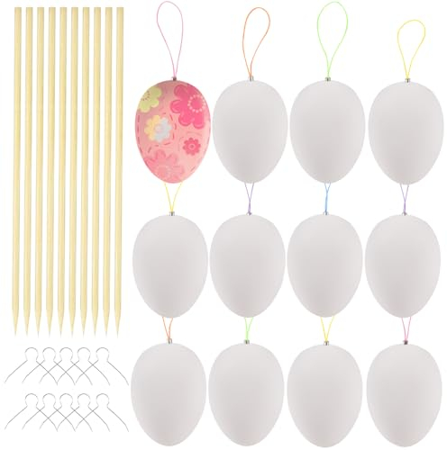 Tundwhite 25 Deko-Eier Ostern,Ostereier Kunststoff,Ostereier zum Aufhängen, Oster-Bastelset für Kinder,Enthält 10 Bambusstäbe, 25 Haken und 25 Handyketten