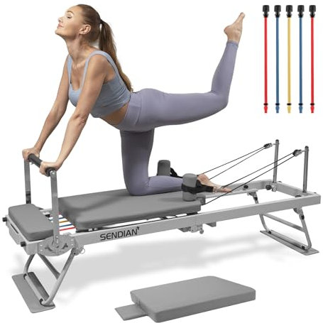 SENDIAN Faltbares Pilates-Gerät für Heimtraining, Pilates-Reformer-Maschine für Zuhause und Fitnessstudio, Pilates-Übungsgerät mit Sprungbrett, zusätzliche 5 farbige Schnüre (grau)