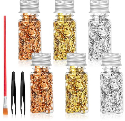 Blattgoldblätter Goldfolienflocken Gold Folien Flocken Blattgold Goldflocken mit Pinzette und Pinsel zum Dekorfolie DIY Basteln Nägel Schmuck Machen Dessert Backen Kuchen Torten Schokolade 6 Flaschen