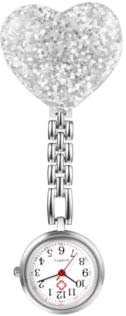 Silverora Taschenuhr Krankenschwester Uhren Schwesternuhren: Herz Leicht Ablesbare Pflegeruhr mit Clip Fob Uhr Ansteckuhr Liebe Pulsuhren für Ärzte Pfleger Weiß
