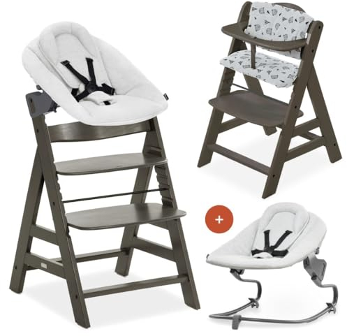 Hauck Alpha Plus Select Charcoal 4-tlg. Newbornset Light Grey - Hochstuhl + Neugeborenenaufsatz & Wippe + Sitzkissen Nordic Grey