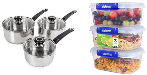 Morphy Richards 970003 Equip 3-Piece Pan Set, Stainless Steel & Sistema KLIP IT Plus Food Storage Containers | 1 L | Leak-Proof, Stackable & Airtight Fridge/Freezer