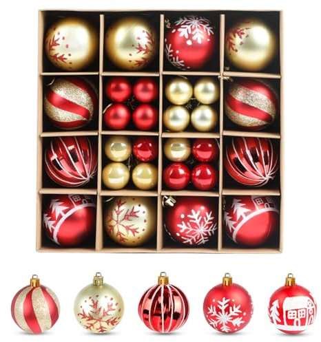 SULOLI 48 Stücke Weihnachtskugeln,6cm Plastik Christbaumkugeln Set,Weihnachtsbaumschmuck mit Aufhänger,Weihnachtsbaum Dekoration Set für Weihnachtsdeko