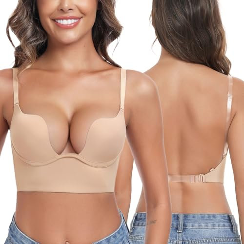 Lemorosy Damen Rückenfrei BH Tief U-Ausschnitt Push Up Bra mit Bügel Niedrigem Rücken Multiway-Träger(Beige,80B)
