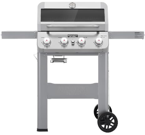 Monument Grills Mesa400MF Barbecue à gaz propane liquide à 4 brûleurs en acier inoxydable argenté avec couvercle Clearview® et une étagère pliable