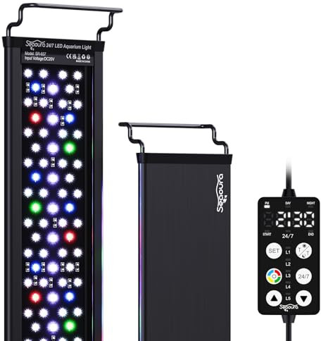 LED Aquarium Plant Light, 24/7 Custom Timer, Power-Off Memory,7-Row LEDs 30-36in SEAOURA Full Spectrum Fish Tank Light, 8 Colors, 20 Brightness, Day & Night Cycle, Adjustable Mount for Freshwater