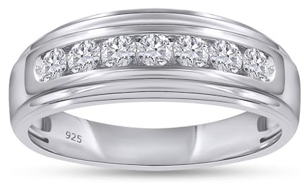 Men's Wedding Band Ring, 1/2 Carat Round Lab Grown Diamond Channel Set 7-Stone Wedding Anniversary Band Ring In 14K White Gold Over Sterling Silver Jewelry (0.50 Cttw)-9