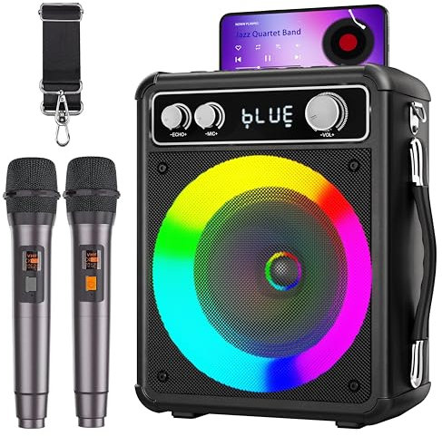 Karaoke Machine for Adults & Kids, Portable Bluetooth Speaker with 2 Wireless Microphones, PA System with LED Light, Karaoke Machine Supports REC/FM/AUX/USB/TF for Party/Meeting