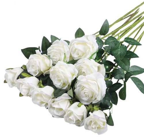 Künstliche Rosen 12 Stücke Kunstblumen Seidenblumen Rosen 51*7cm Künstliche Blumen Rosen Künstliche Blumen Realistische Einzelstielblumen für Hochzeitsfeier,Valentinstag,Zuhause Dekoration(Weiß)