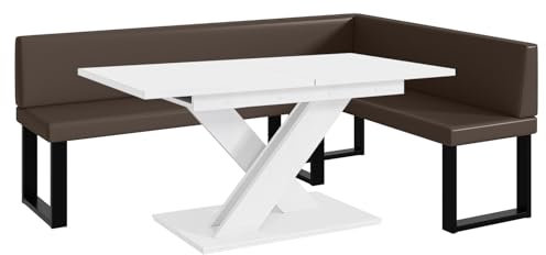 MEBLINI Eckbank für Esszimmer mit ausziehbarem Tisch - Küchenbank - Essecke - Sitzecke Küche - Toni - U-Beine 142x196x87cm Rechts - Braun Kunstleder/B Weiß Matt
