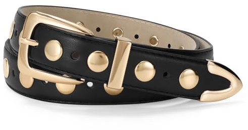JasGood Damen Ledergürtel mit Goldschnalle,Vintage Punk Rock Gürtel, Mode Nietengürtel für Jeans und Alltag