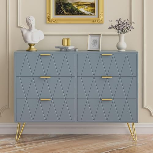 UEV Commode à 6 Tiroirs, Meuble de Rangement Chambre Adulte/Enfant, Longueur 100cm, Motif de Ligne, Buffet Salon, Style Scandinave Elégant, 100 x 34 x 73cm, Bleu Gris