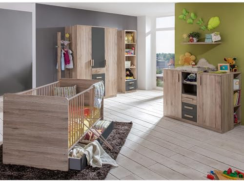 Lomadox Kinderzimmer Set 10-teilig in Eiche mit Graphit, inkl. Gitterbett, Bettseiten, Bettschubkasten, Kleiderschrank, Garderobenstange, Standregal, Wickelkommode, Unterschrank Regale, Wandboard