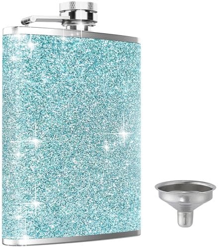 KIKISML 8Oz / 220ML Hip Flask for Liquor, Thin Portable Stainless Steel Spirit Pocket Flask with Never-Lose Cap and Funnel Leakproof for Barbecue, Camping, Hiking Party, Wedding Party Gift, Blue