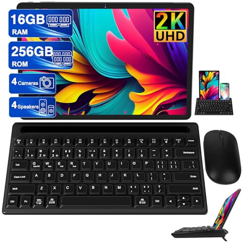 Tablet 11 Pulgadas 16GB RAM+256GB ROM(1TB TF), 2K Pantalla 2000*1200 UHD, Android 13, WiFi 5G, BT 5.0, 8 Cores, 4 Altavoces, 8600mAh, 20MP+8MP, Metálico, con Funda, Teclado con Soporte y Ratón, Negro