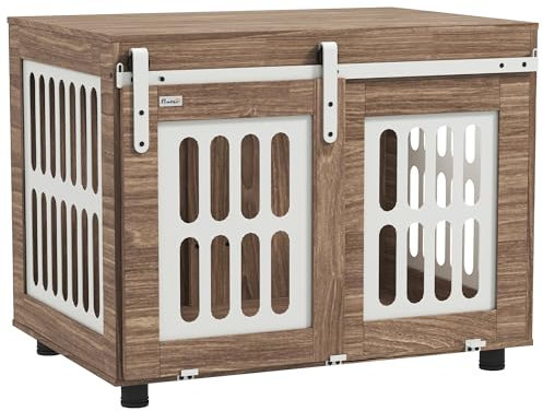 PawHut Meuble Cage pour Chien avec Porte coulissante, Maison pour Chien de Taille Moyenne, Bonne Ventilation, Table d'appoint avec Pieds réglables, 80 x 59 x 63 cm, Noyer