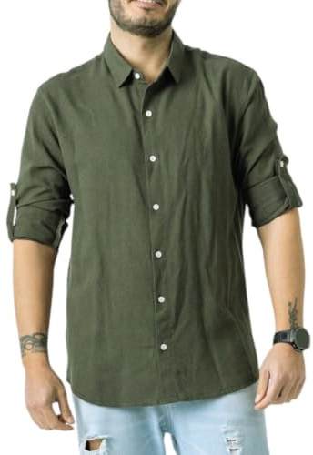 TONY BACKER Camicia da Uomo in Lino, Maniche Lunghe, Scollo a V, Stile Casual, Chiusura a Bottoni (IT, Testo, L, Regular, Regular, Verde)