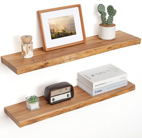 Wandregal als Wanddekoration, 2er Set, 80 cm Rustikale schweberegal Holz aus Massivem Ulmenholz mit Natürliche Kante und Verdeckter Wandhalterung, Geeignet für Wohnzimmer, Schlafzimmer und Küche