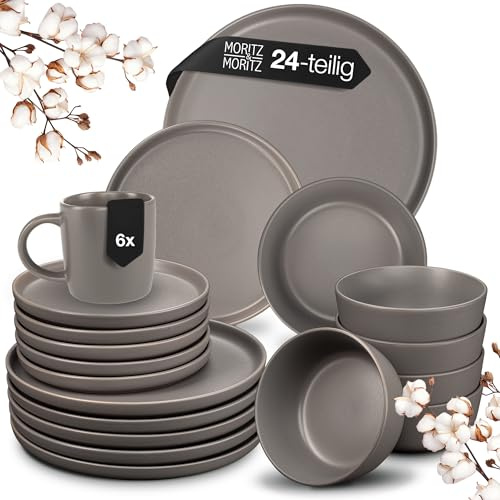 Moritz & Moritz NORDIC Geschirrset 6 Personen - 24-teiliges Steingut Geschirr Set in Grau - Skandinavisches Design - Robustes Teller Set 6 Personen für Alltag & Gäste - Kombiservice Geschirrsets