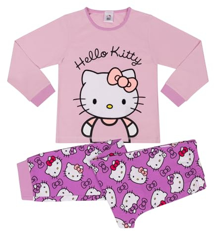 Hello Kitty Pigiama Lungo da Bambina, 100% Cotone, con Viso in Pile, 9-10 Anni, 140 cm, Rosa